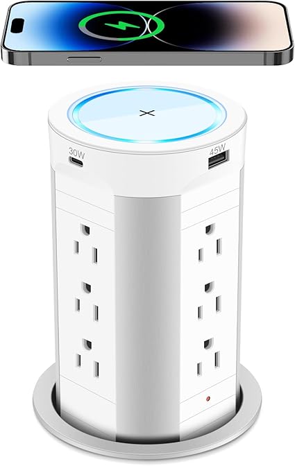 HEZI Toma de corriente desplegable de 4 pulgadas con cargador inalámbrico de 15 W, entrega máxima de energía de 45 W, 2 USB-A y 2 salidas USB-C y 12 CA, resistente a manipulaciones de 15 A,