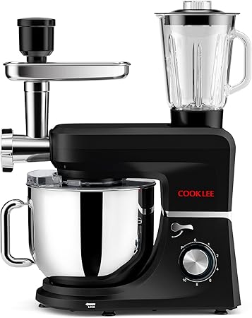 COOKLEE Batidora de pie 6 en 1, mezclador de cocina eléctrico multifuncional de 8.5 cuartos de galón con 9 accesorios para la mayoría de los cocineros caseros, SM-1507BM (negro)