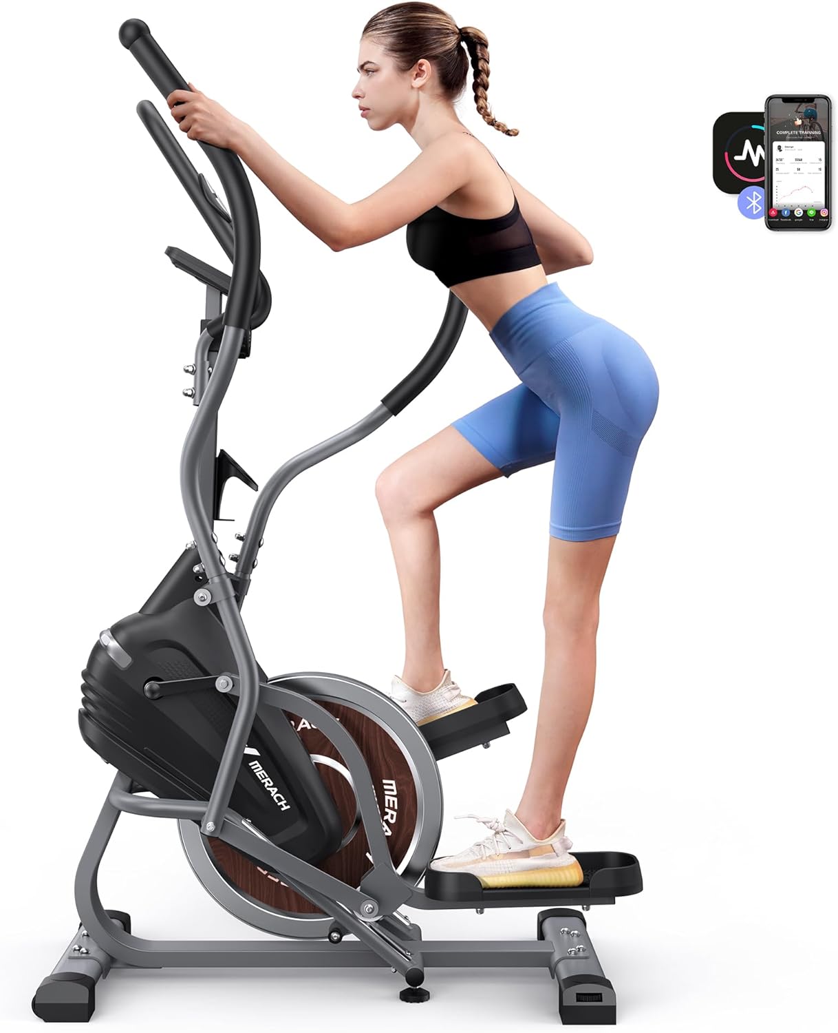 MERACH Máquinas elípticas para el hogar, máquina elíptica escaladora cardiovascular 3 en 1 con MERACH APP Máquina de ejercicio elíptica compacta y entrenador de escaleras, resistencia magnética de 16